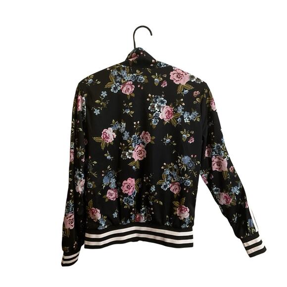 Rue 21 Black Floral Bomber Jacket Mock Neck Sleeve Stripes Size M Full Zip - Picture 7 of 9